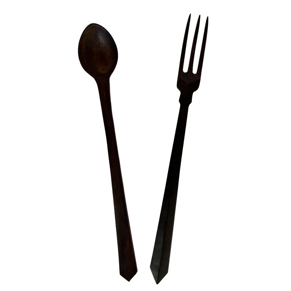 Vintage Hand Carved Long Wooden Salad Serving Set Fork Spoon Serving Utensils